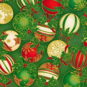 May include: A green background with a repeating pattern of Christmas ornaments. The ornaments are red, green, white, and gold with various patterns and designs. Some ornaments have holly leaves and berries.