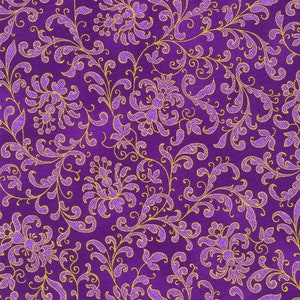 Könnte beinhalten: Lilafarbener Stoff mit goldenem Blumenmuster. Das Muster ist ein sich wiederholendes Design aus stilisierten Blumen und Blättern.