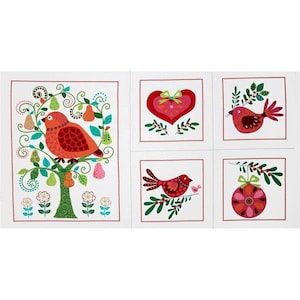 May include: Four illustrated Christmas-themed squares with red and green accents. The top left square features a red bird on a green tree with pears. The top right square features a red heart with a green bow. The bottom left square features a red bird on a green branch. The bottom right square features a red ornament with a green bow.