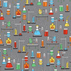 May include: A gray background with a repeating pattern of colorful beakers, flasks, and test tubes. The pattern includes flames, thermometers, and other lab equipment.