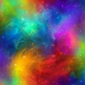 Peut inclure: Un fond abstrait coloré avec une nébuleuse tourbillonnante de rouge, orange, jaune, vert, bleu et violet. Le fond est parsemé d'étoiles blanches.