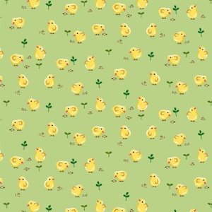 Tkanina patchworkowa Michaela Millera, Down on the Farm, tkanina bawełniana z zielonymi kurczętami, tkanina wielkanocna