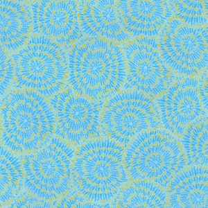 Könnte beinhalten: Ein nahtloses Muster mit blauem Hintergrund und gelben floralen Designs. Die floralen Designs bestehen aus kleinen, sich wiederholenden Linien, die ein kreisförmiges Muster bilden.
