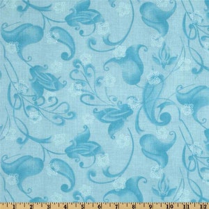 May include: Pale blue fabric with a repeating floral design. The pattern includes stylized flowers, paisley shapes, and small white accents on a textured background. Fabric is measured in inches.
