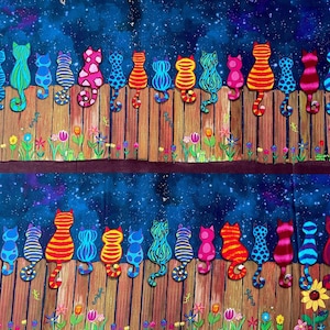 Tissu patchwork avec des chats sur une clôture, coloré et vibrant