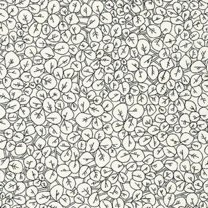 May include: A black and white illustration of a repeating pattern of leaves.