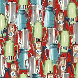 May include: A repeating pattern of various coloured coffee pots with different designs. The background is a solid red colour.