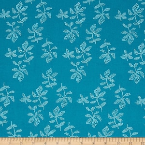 Könnte beinhalten: Türkisfarbener Stoff mit einem weißen Blatt-Muster. Die Blätter bestehen aus kleinen weißen Punkten.