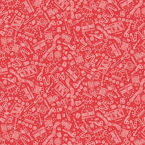 Könnte beinhalten: Ein roter Hintergrund mit einem weißen Muster aus Näh- und Bastelutensilien. Das Muster enthält Nadeln, Garn, Scheren, Knöpfe, Garnrollen und andere Nähzubehör.