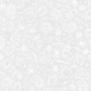 Puede incluir: Patrón blanco con temática de café sobre un fondo gris claro. El patrón incluye tazas de café, granos de café, cafeteras y texto que dice "cappuccino", "latte", "espresso" y "café".