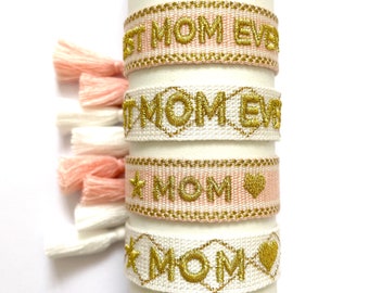 Geschenk für Mama Muttertag werdende Mama Stoffarmband inklusive Grußkarte Set Mum Webband Webarmband bestickt Ermutigung Frauen