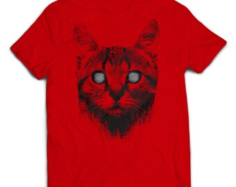 May include: Red t-shirt with a black and white graphic of a cat with swirling eyes.