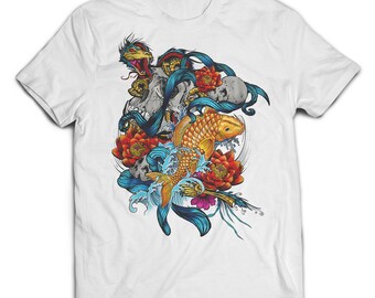 Tee gift ideas unisex, womens, mens shirt cotton clothing, birthday gift for him her, Koy Fish, Skull, Japanese Dragon Japan, Anime