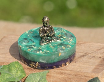 Orgonit Buddha, Sockel rund, Blattgold, Edelsteine, Bergkristall, Prana, Qi, Unikat, Spiritualität, Blickfang, Heilung, Seele, Buddhismus,