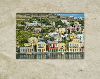 Griechenland auf Holz 12x18 cm - Bunte Häuserwelt auf Symi