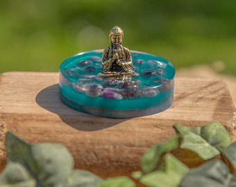 Orgonit Buddha, Sockel rund, Edelsteine, Amethyst, Kupferspirale, Prana, Qi, Unikat, Spiritualität, Blickfang, Heilung, Seele, Buddhismus,