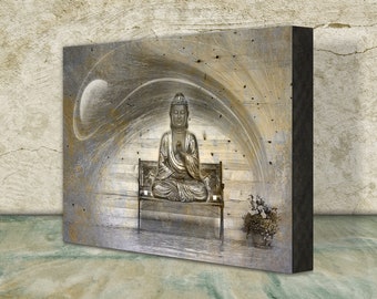 Fotokunst auf Holz 12x18 cm - Buddha On the Bench