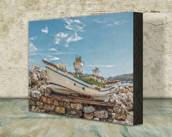Griechenland auf Holz 12x18 cm - "Gestrandet auf Kreta"