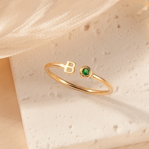 Custom Ring - Letter Ring with Birthstone - Custom Gemstone Ring - Initial Ring - Personalized Skinny Letter Ring - Dainty Ring for Women