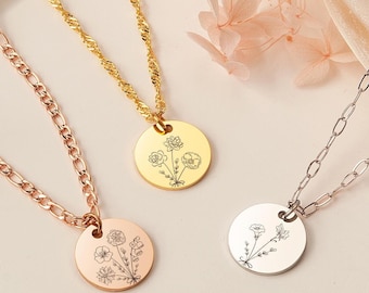 Family Bouquet Flower Necklace - Combined Birth Flower Bouquet Necklace - Birth Flower Necklace Both Sides Engraved - Unique Handmade Gift