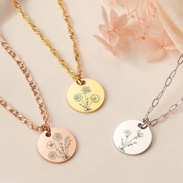 Family Bouquet Flower Necklace - Combined Birth Flower Bouquet Necklace - Birth Flower Necklace Both Sides Engraved- Unique Mother Day Gifts