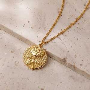 Mothers Day Necklace Gold Birth Flower Jewelry Flower Coin Necklace Embossed Birth Month Flower Necklace Vintage Jewelry Grandma Gift image 5