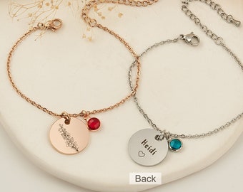 Gift for Mom - Personalized Birth Flower Bracelet - Birthstone Bracelet - Custom Bracelet Double Sides - Grandma Gift Mom Gifts