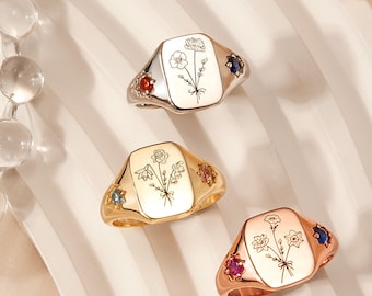 Family Floral Bouquet Signet Ring with Birthstone - Engraved Combined Birth Flower Square Ring - Mothers Ring for Mom, Grandma