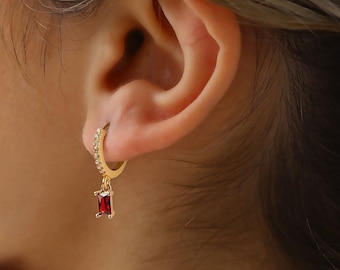 Dark Red Gemstone Earrings - Baguette Stone Hoop Earrings - Gold Drop Earrings Birthstone - Graduation Gifts For Her
