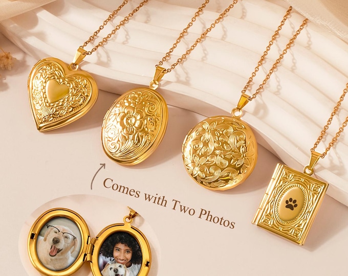 18K Gold Vintage Photo Locket Necklace - Oval Locket -Round Locket Necklace -Heart Initial Locket -Square Locket - Personalized Gift for Her