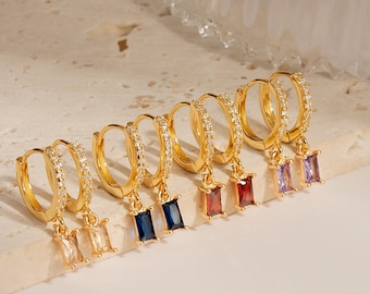 Birthstone Earrings for Women - Gemstone Earrings Birthstone Jewelry - Gold Hoop Earrings with Dangling Birthstone -  Birthday Gift For Mom
