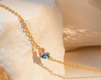 Custom Heart Birthstone Bracelet - 2 Birthstone Bracelet - Mother and Daughter Bracelet - Double Birthstone Heart Bracelet for Her -Mom Gift