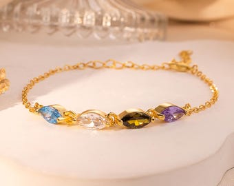 Birthstone Bracelet Gold - Custom Marquise Birthstone Charm Bracelet - Multi Stone Summer Jewelry for Her - Girlfriend Anniversary Gift