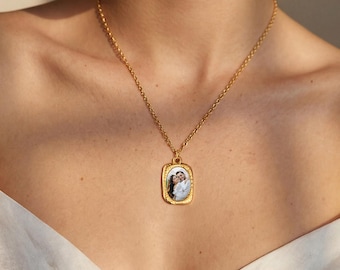 Photo Necklace Personalized - Custom Photo Pendant Necklace - Square Charm Picture Necklace with Back Engraved Texts - Gift Ideas for Her