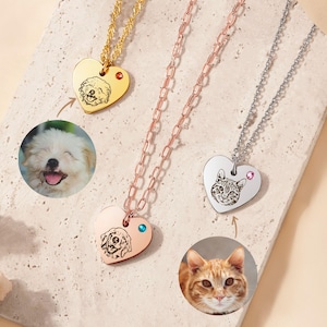 Custom Pet Portrait Heart Necklace - Personalized Dog Necklace - Pet Photo Heart Pendant with Birthstone - Pet Lovers Pet Memorial Jewelry