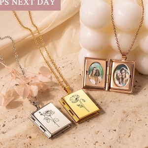 Best Friend Gift - Square Locket Necklace - Custom Photo Locket Necklace - Engraved Locket with Birth Flower Jewelry - Unique Handmade Gift
