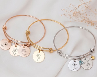 Birth Flower Bracelet - Personalized Multiple Birth Flower Bracelet Grandma Bracelet Mom Bracelet - Birth Flower Jewelry