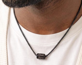Custom Men Necklace With Names - Engraved Necklace Hexagonal Bead - Family Name Necklace Dad Gift from Daughter - Personalized Gift for Him