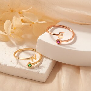 Unique Birthday Gifts For Her - Personalized Initial and Birthstone Ring - Gold Initial Ring Mom Gift - Initial Birthstone Ring Gift