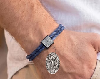 Fingerprint Bracelet for Men - Personalized Adjustable Rope Bracelet with Actual Fingerprint - Engraved Handwriting Cube Bracelet for Him