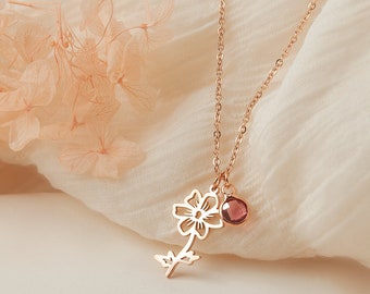 Flower Necklace with Birthstone - Birth Flower Pendant Necklace - Charm Necklace  - Personalized Summer Jewelry For Mom, Grandma