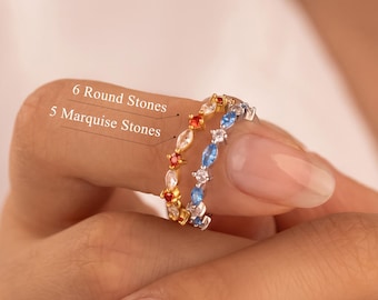 Custom Marquise • Round Alternating Birthstone Ring - Marquise Birthstone Ring - Gemstone Ring for Mom Christmas - Stackable Ring for Her