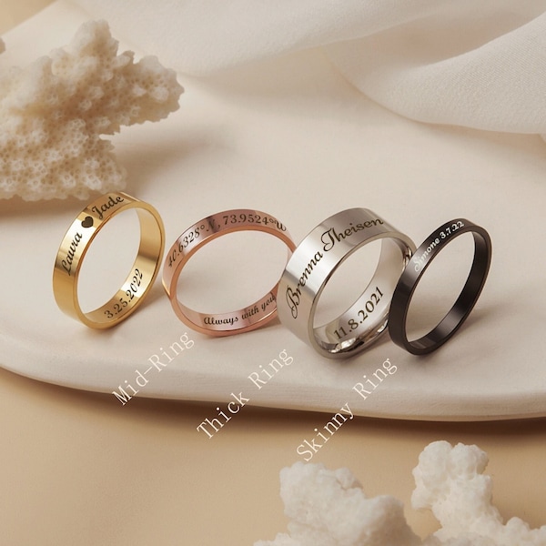 Engraved Rings - Dainty Gold Ring - Name Rings - Custom Couple Rings Both Sides Engraveable - Personalized Ring Gift For Her