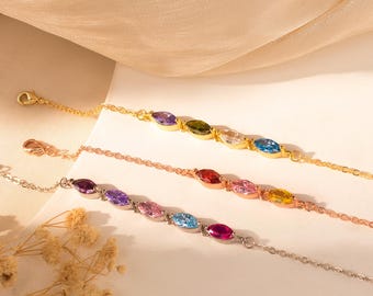 Birthstone Bracelet Gold - Custom Marquise Birthstone Charm Bracelet - Multi Stone Summer Jewelry for Her - Girlfriend Anniversary Gift