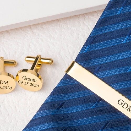 Gold Round Cufflinks and Tie Clip Set Personalized Groomsmen Etsy