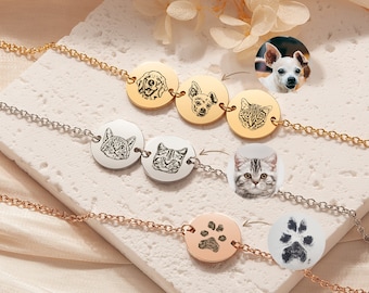 Pet Bracelet Dog Portrait Custom Bracelet for Dog Mom - Engraved Cat Portrait Cat Paw Print Pet Jewelry - Dog Memorial Gifts for Beat Friend