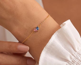 Custom Heart Birthstone Bracelet - 2 Birthstone Bracelet - Mother and Daughter Bracelet - Double Birthstone Heart Bracelet for Her -Mom Gift