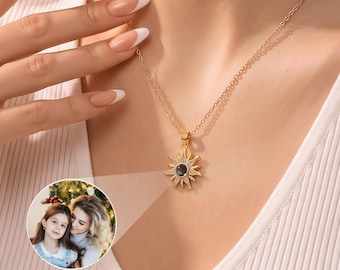 Sunflower Projection Necklace Gold - Custom Picture Necklace Mother-daughter Photo Gift for Mom Christmas - Necklace with Hidden Photo