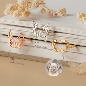 May include: Three gold rings with the names "Bella", "Kitty", and "Simba" written in a stylized font. The rings are on a white book with the text "E39 Maine Coon" and "E10 Bull Terrier" written below them. A photo of a dog is in the bottom right corner.