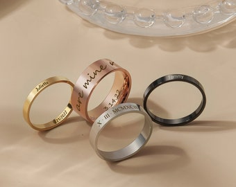 Engraved Ring - Name Ring Stainless Steel - Unisex Ring - Custom Stacking Rings in Gold, Black - Gift for Boyfriend, Girlfriend